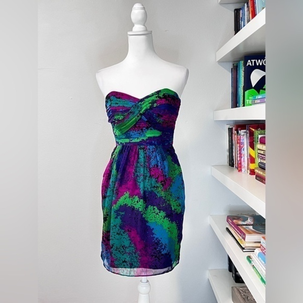 Shoshanna jewel tone strapless Mini dress silk fit and flare sz 0 cocktail party